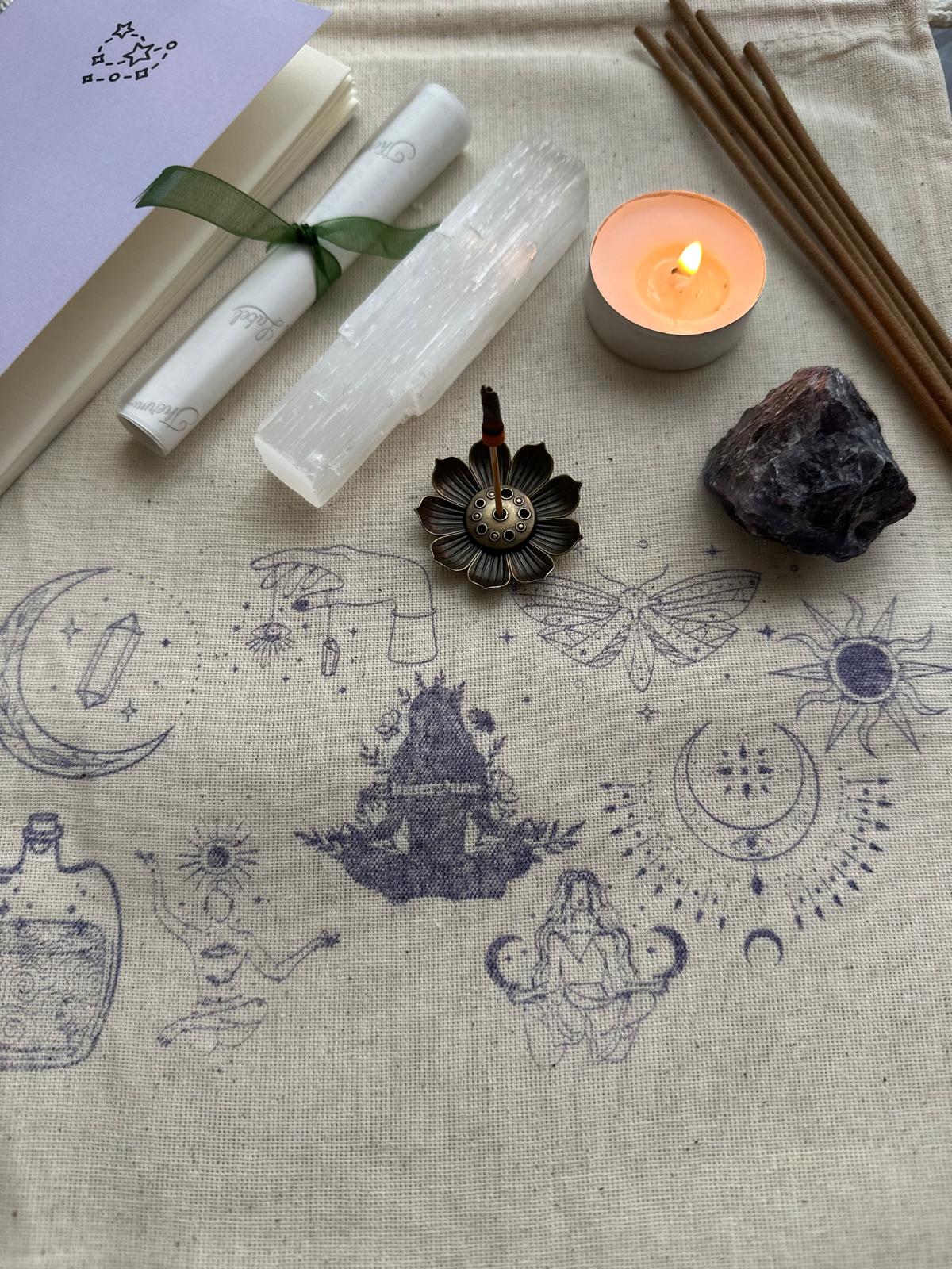 Meditasyon Ritüel Seti |Ametist & Selenit Taşı, Sandal Tütsü, Meditasyon Defteri, Koleksiyon Çantası