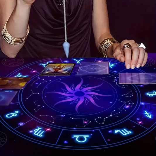 Zodyak Burçları ve Yıldızlı Tarot Masa Örtüsü – Astroloji ve Göksel Sembollü Mistik Sunak Bezi