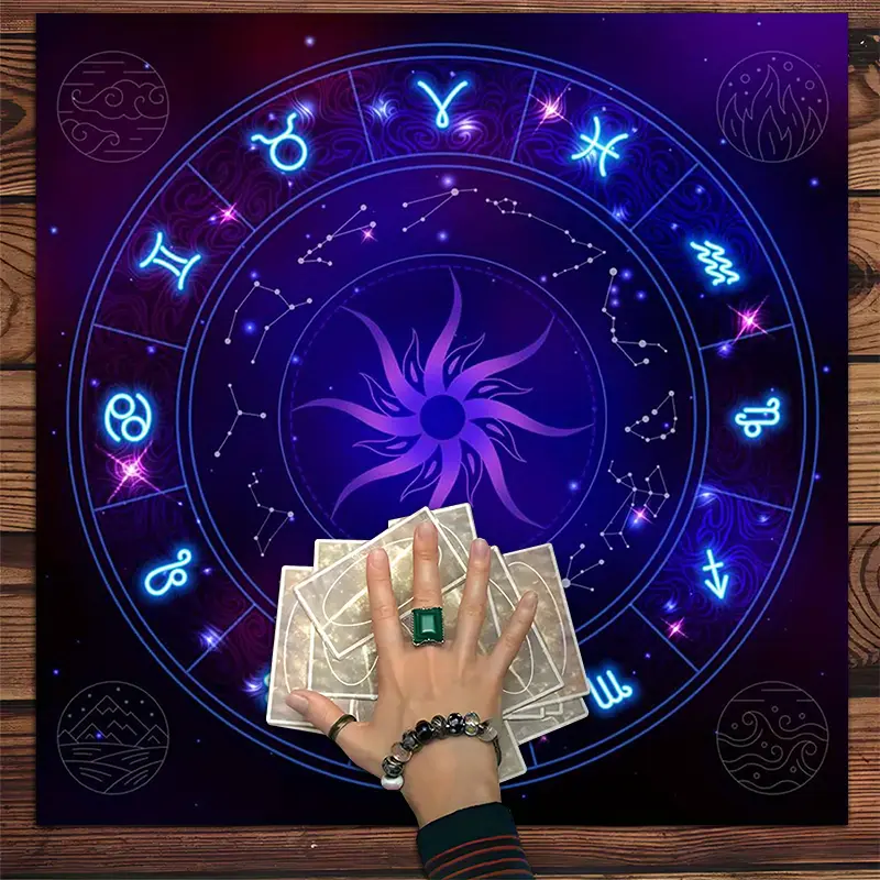 Zodyak Burçları ve Yıldızlı Tarot Masa Örtüsü – Astroloji ve Göksel Sembollü Mistik Sunak Bezi