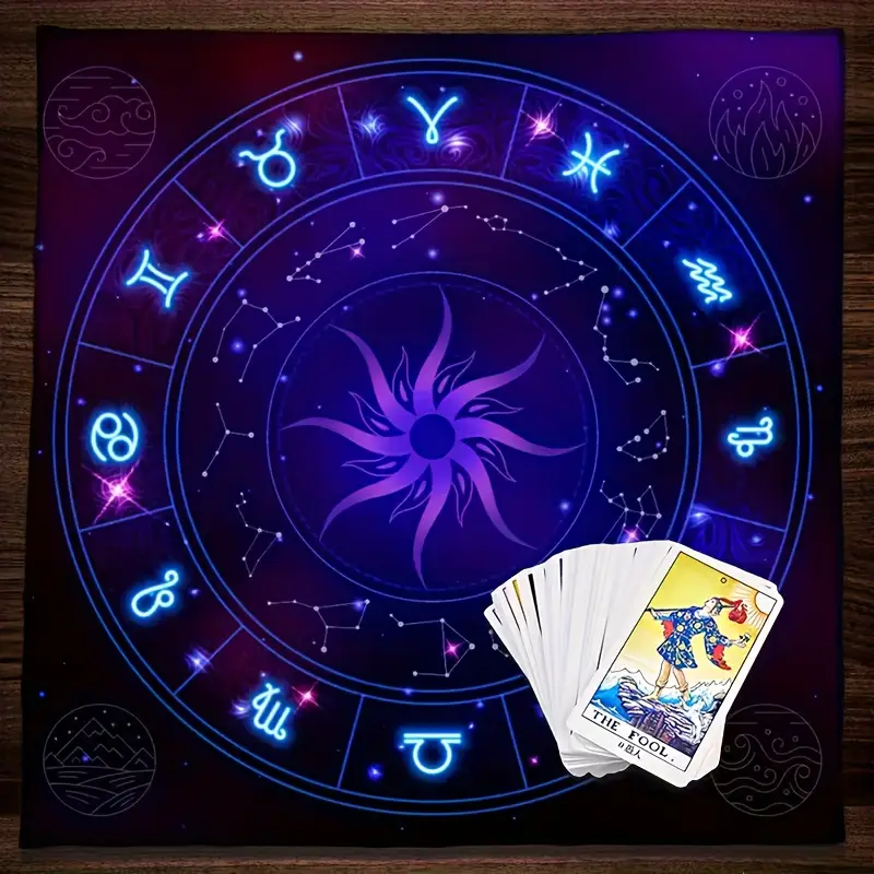 Zodyak Burçları ve Yıldızlı Tarot Masa Örtüsü – Astroloji ve Göksel Sembollü Mistik Sunak Bezi