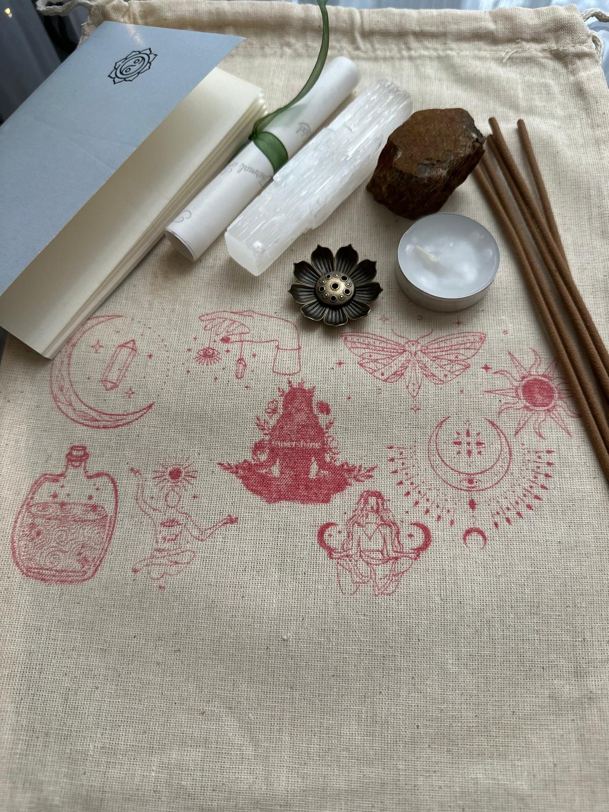 Enerji & Dönüşüm Ritüel Seti|Kaplan Gözü & Selenit Taşı Portakal Tütsü Meditasyon Koleksiyon Çantası